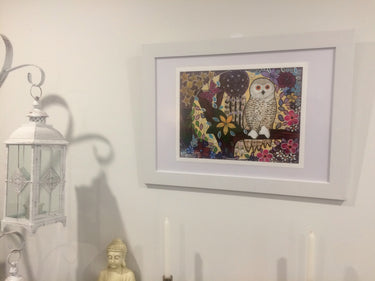 'Snowy Owl Dreaming with Butterfly & flower medicine with Dreamcatcher' A3 Girlcee Print by Mirree Contemporary Aboriginal Art